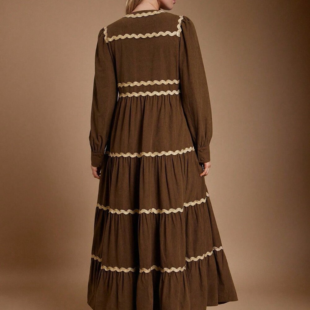 Brown Casual Women's Contrast Trim Crewneck Button Front Corduroy Maxi Dress - Picture 2 of 6